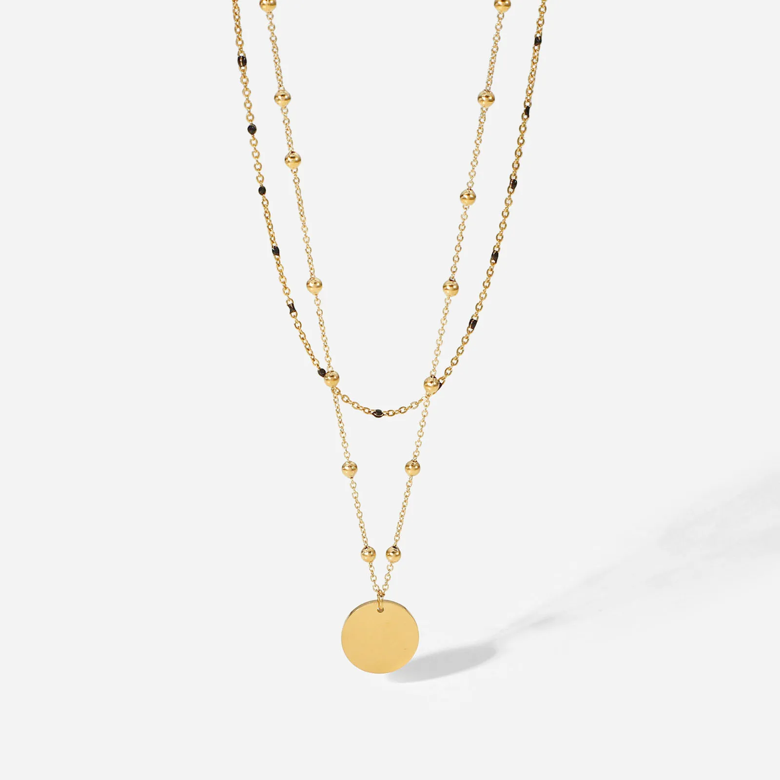 

1pc Stainless Steel Multilayer Layered Necklace 14K Real Gold Plated Round Pendant Necklace Man Women Fashion Jewelry42.5cm long
