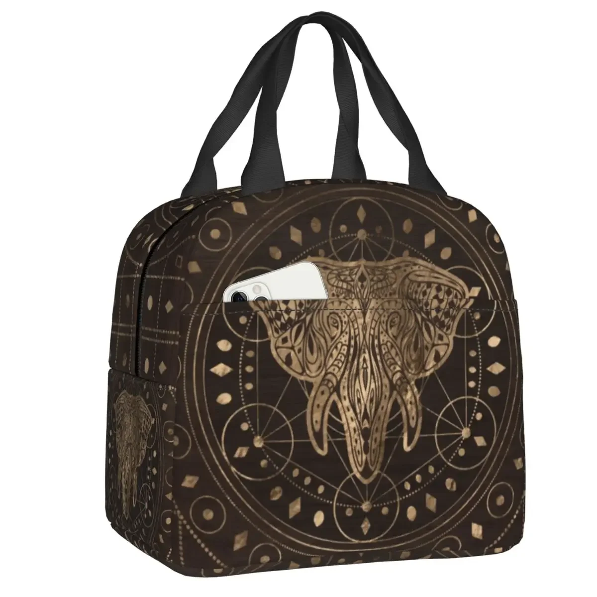 

Ланч-боксы с изображением слона на священном геометрическом орнаменте для женщин, термоизолированная сумка для обеда с животными, для офиса и работы