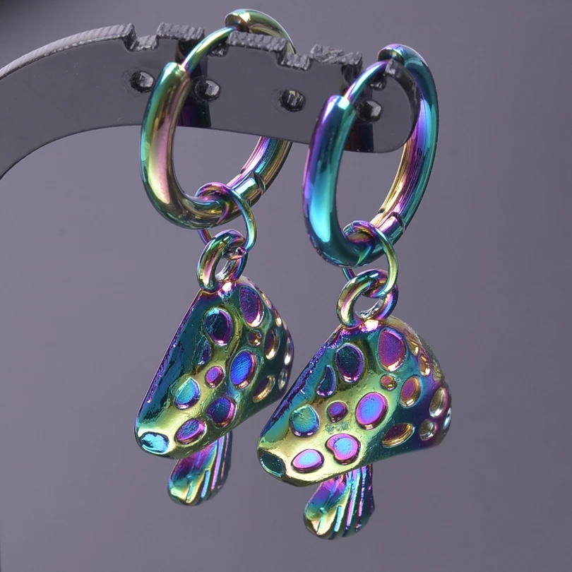 

1pair Witch Mushroom Rainbow Color Stainless Steel Hoop Earrings For Women Men Accessories Vintage Ear Piercing Jewelry Aretes