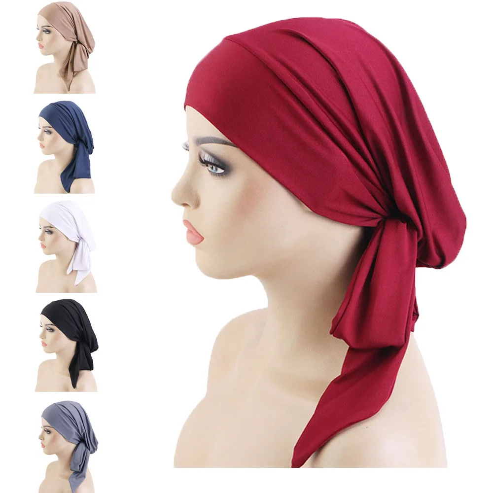 

New Muslim Pre-Tied Scarf Hijab Ladies Chemo Cap Women Turban Hat Solid Headwear Headscarf Wrap Cancer Bandanas Hair Accessories
