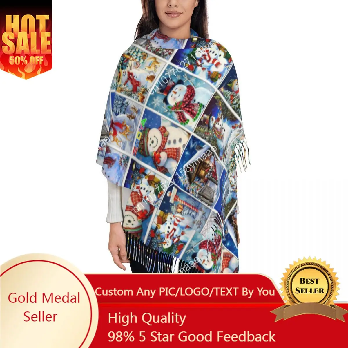 

Custom Women's Scarf with Tassel Merry Christmas Long Winter Fall Shawl Wrap Snowman New Year Daily Wear Cashmere Scarf