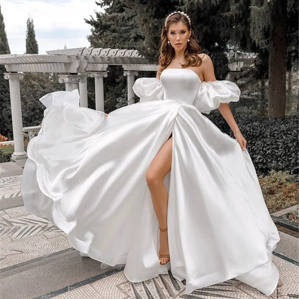 

Removable Puff Sleeve Satin Wedding Dress High Slit Side A-line Simple Styles Bridal Dress with Court Train