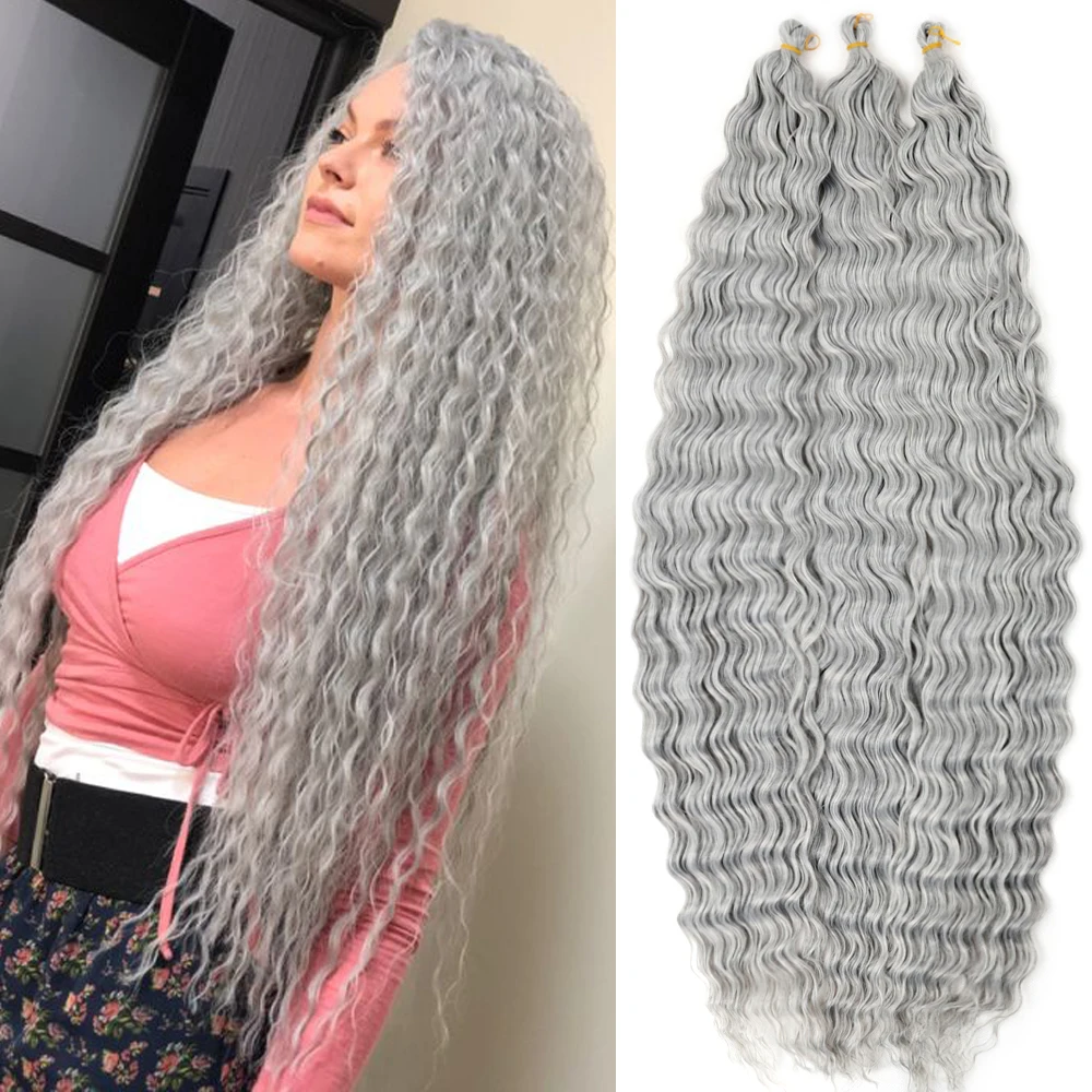 

32 Inch Long Synthetic Deep Wave Crochet Hair Ocean Wave Ombre Brown Blonde Grey Afro Curls Braiding Hair Extensions