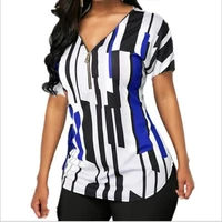 fashion multicolor striped short sleeve t shirts summer women v neck printed zipper casual tops 2021 new plus size stretch tees