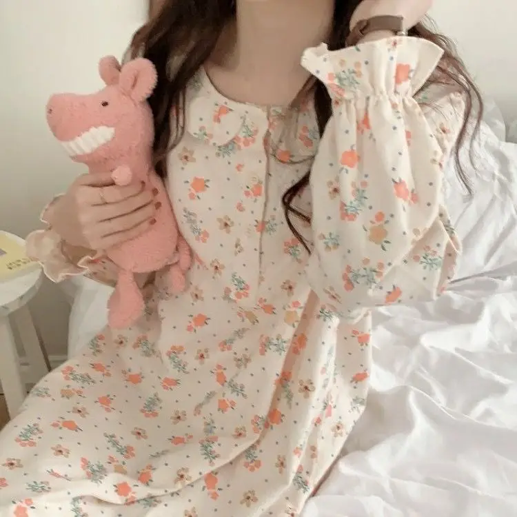 Yasuk Spring Autumn Women Casual Lovely Sweet Girl Pullover Nightdress Nightgown Pajamas Flower Gentle Lotus Sleeves Lace Soft