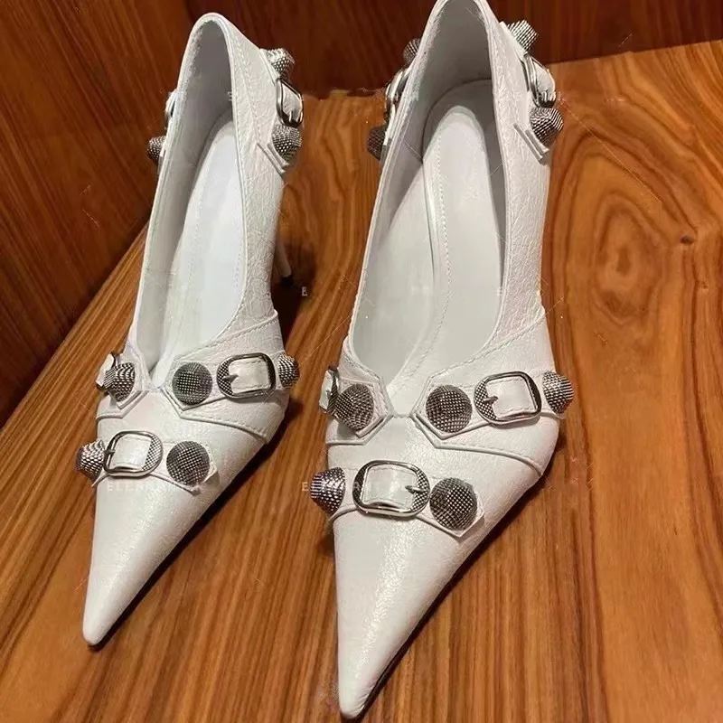 New Pointed Toe Sexy High Heels Female Punk Rivet Stiletto Medium Heel Pumps Slip-On High Heels