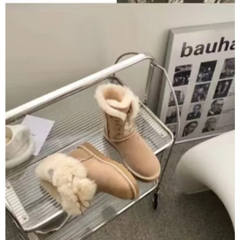 

Fashion Sheepskin Suede Leather Women Short Winter Snow Boots Natural Sheep Wool Fur Lined Warm Shoes Waterproof botas mujer New