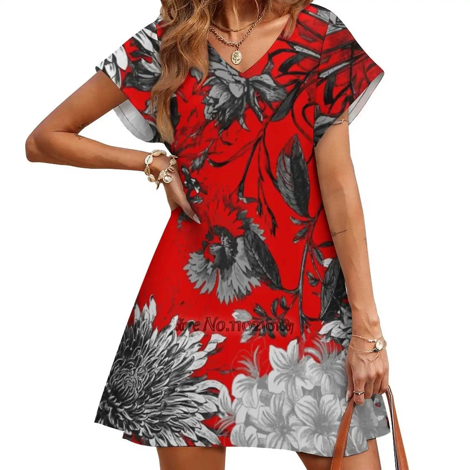 

Vintage Garden Viii Loose V-Neck Short Sleeve Skirt Elegant High Quality Dress Lightweight Fabric Skirt Tropical Garden Forest