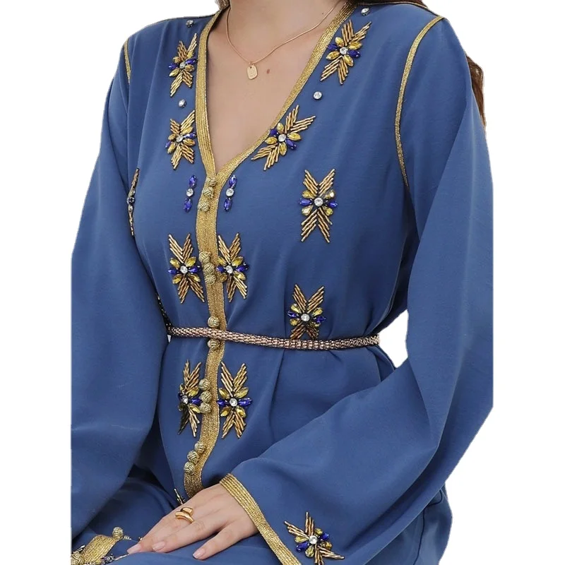 ИД абайя мусульманское модное платье марокканский кафтан для женщин ручная работа Стразы Золотая отделка вечернее платье халат Арабский Д...