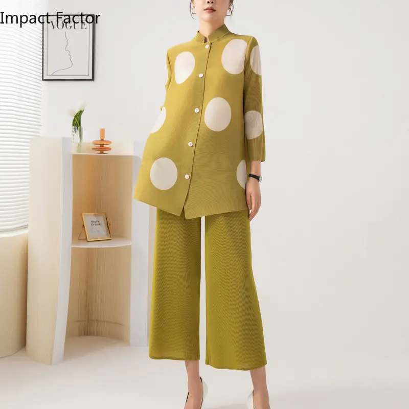 

Miyake Pleated Women's Set 2023 Early Spring New Fashion Printing Single Breasted Top Wide Leg Pants Two Piece Set