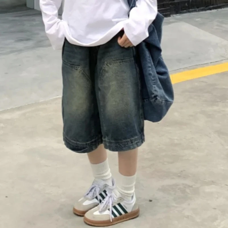 Женские винтажные джинсовые шорты Y2K широкие брюки-Капри с эффектом потертости