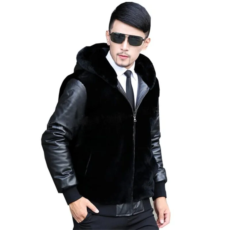 Autumn splice leaher sleeve faux mink fur leather jacket mens winter thicken warm fur leather coat men jackets fashion B240