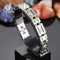 fongten new watchband chain men bracelets silver color stainless steel cubic zircon brushed bracelets for men hip hop jewelry
