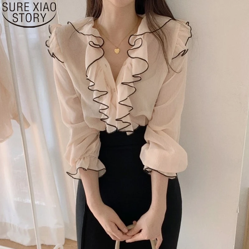 

Spring and Summer 2022 New Korean Chic Long Sleeve V-neck Sweet Ruffles Tops Color Patchwork Button Shirts Women Blouses 19621