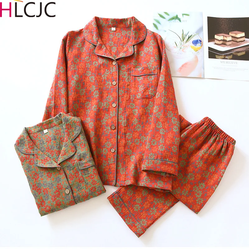 

Осенняя одежда для сна с длинным рукавом, Женская хлопковая окрашенная в пряжку жаккардовая пижама в этническом стиле с принтом для женщин, комплект из 2 предметов, домашняя одежда