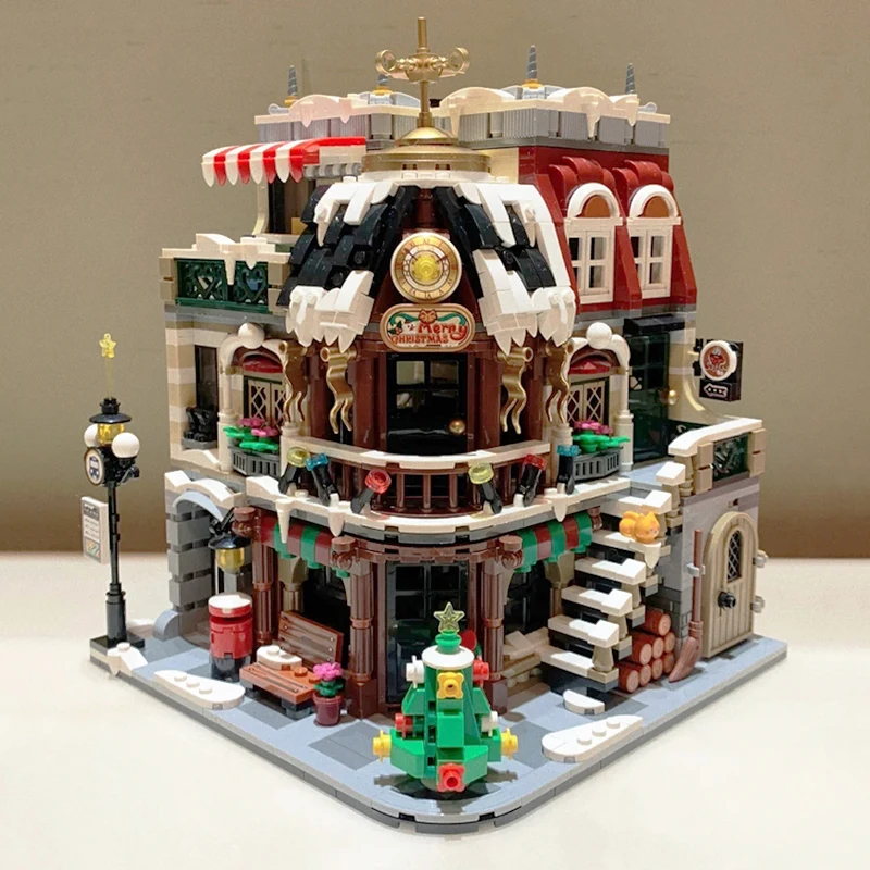 

Toys for Children City Architecture Christmas Coffee House Restaurant Bus Station 3D Model DIY Mini Blocks Bricks Building