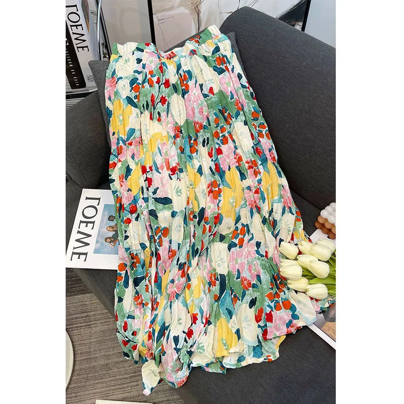 

Женская винтажная юбка с завышенной талией, элегантная Свободная юбка с ярким цветочным рисунком