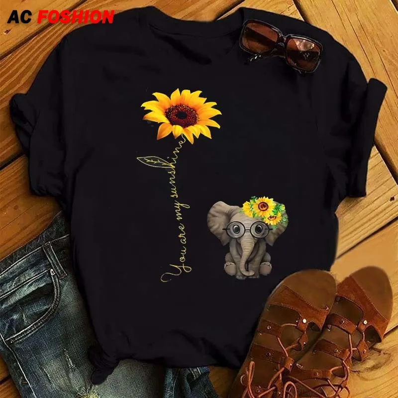 

Women's T-Shirt Cartoon Sunflower Elephant Print T Shirt Fashion O-neck Black Tshirt Female Cute Graphic Tee Tops Casual T-shirt
