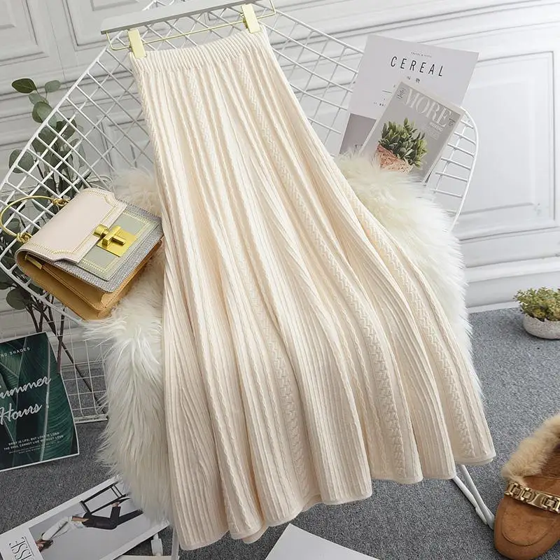 

Sweater skirt female 2022 Autumn and Winter Twist Knit Skirt Women's High Limin Obiat Slender Mid -length wool A -line skirt