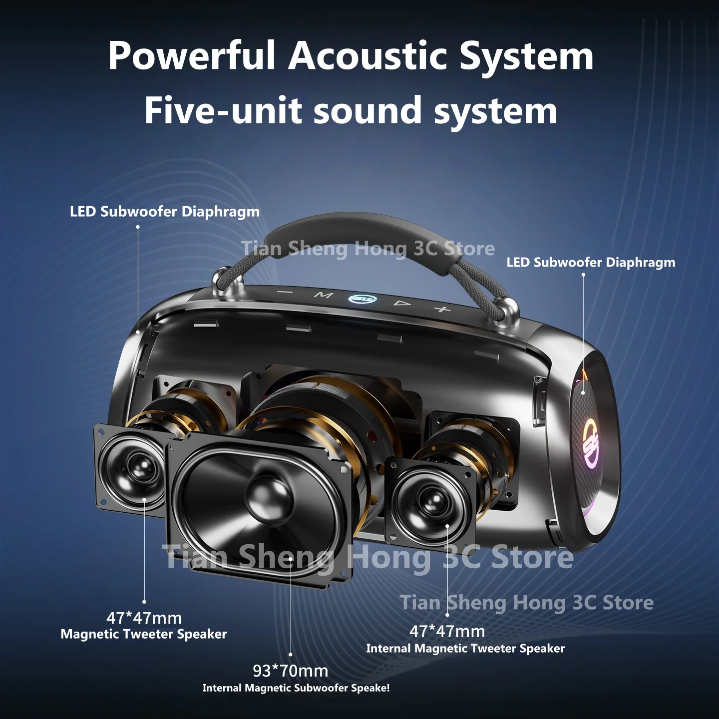Фото Беспроводная Bluetooth-колонка T330, 100 Вт, с сабвуфером, мощными басами, RGB-подсветкой, для улицы, водонепроницаемая IPX6, для кемпинга и походов, музыкальный плеер №2