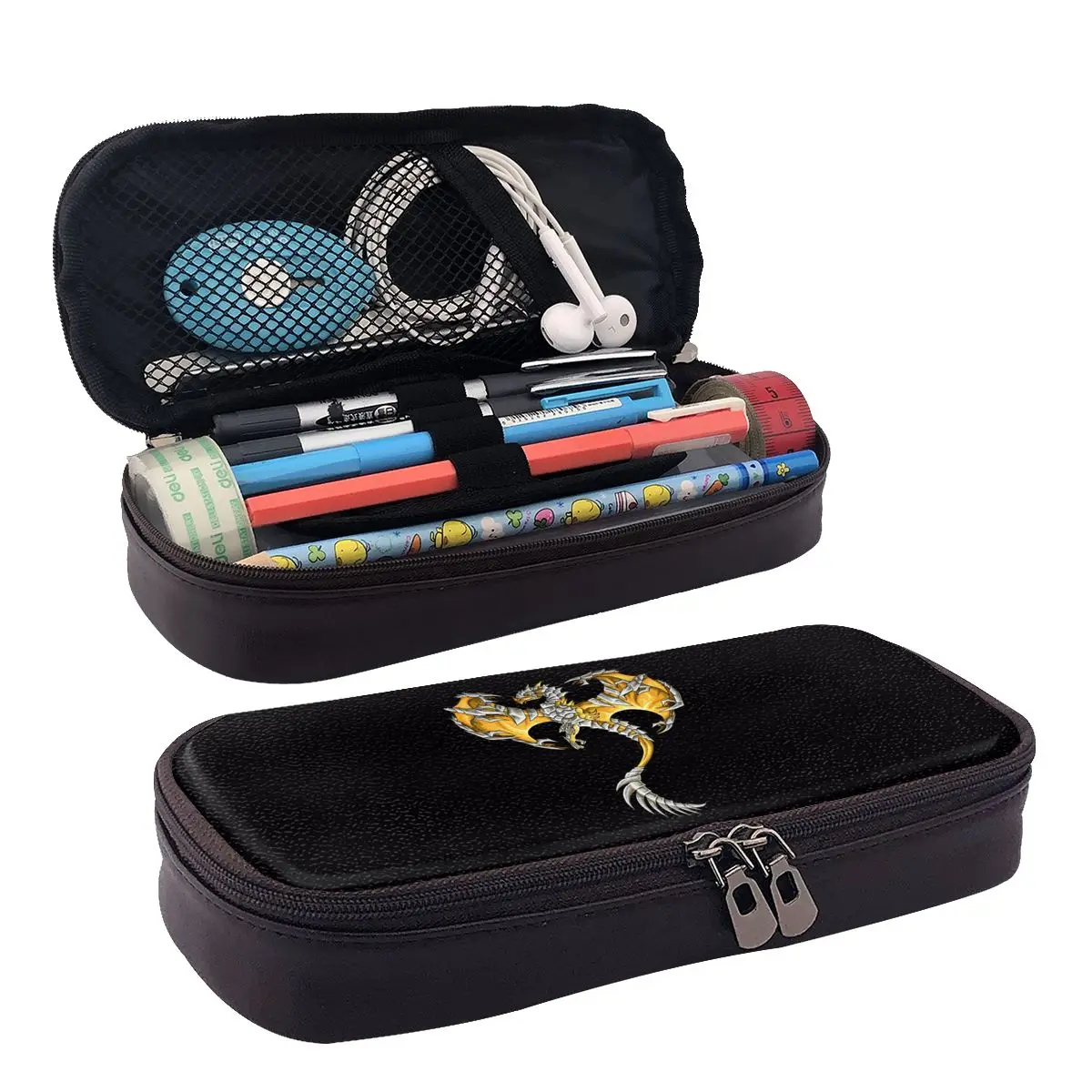 

Gold Dragon Leather Pencil Case Zipper Pencil Box Stationery Pen Pouch for Boys Girls School Students Work Office