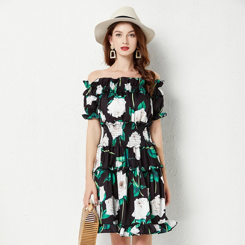 

Платье WTIANYUW женское с цветочным принтом, модельное пикантное короткое праздничное с открытыми плечами и короткими рукавами-лилиями, с эластичным поясом и оборками, на лето