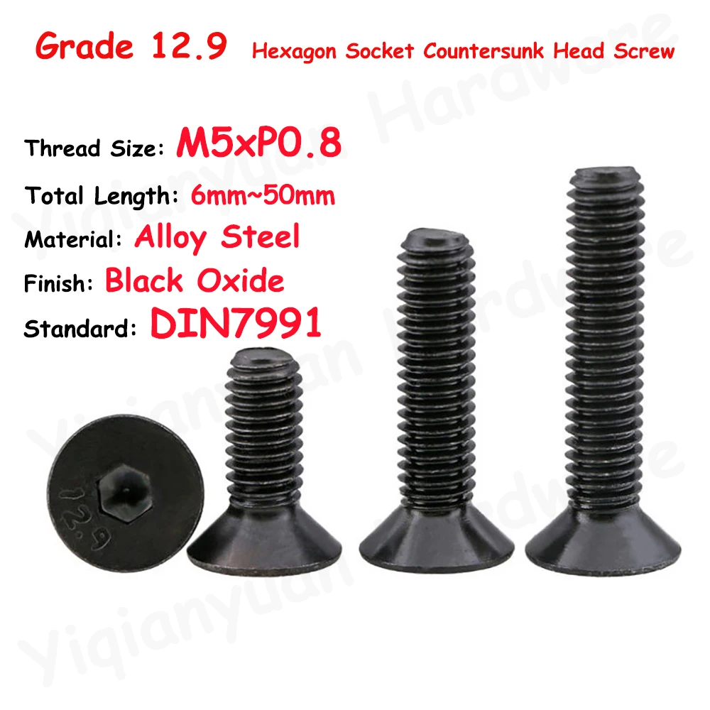 

DIN7991 M5xP0.8 Coarse Thread Grade 12.9 Alloy Steel Hexagon Socket Countersunk Head Cap Screws Black Oxide Allen Key Flat Bolts