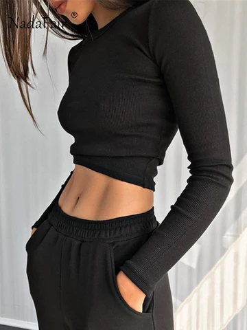 Nadafair O Neck Ribber T Shirt Green Women Spring Ladies Clothing Solid Slim Knitted Skinny Sexy Cropped Long Sleeve Tops 2022