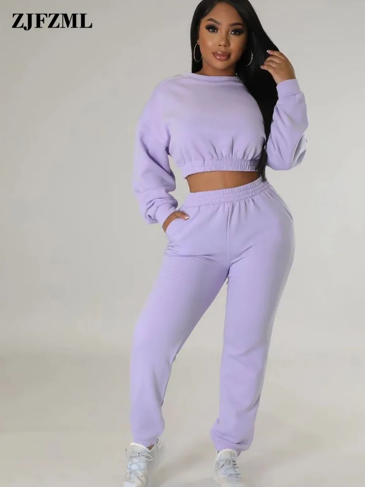 

Casual Solid Color Sporty Sets for Women O-neck Elastic Hem Crop Top+Smoked High Waist Long Pants with Slant Pockets Tracksuits