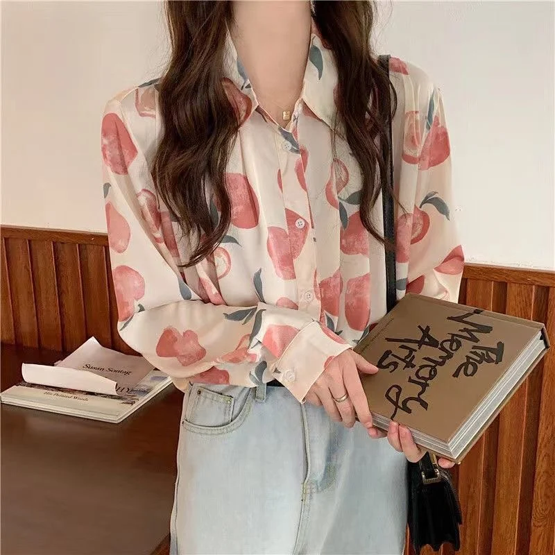 Spring Summer Polo-neck Floral Print Sweet Chiffon Shirt Women Long Sleeve Elegant Fashion Temperament Blouse Lady Buttons Top