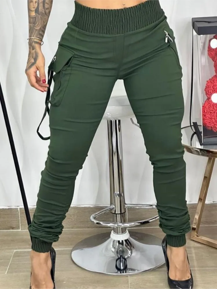 

Cargo Pants Women 2023 Summer New Fashion Solid Elastic Waist Band Decor Pocket Casual Plain Daily Long Trousers Streetwear