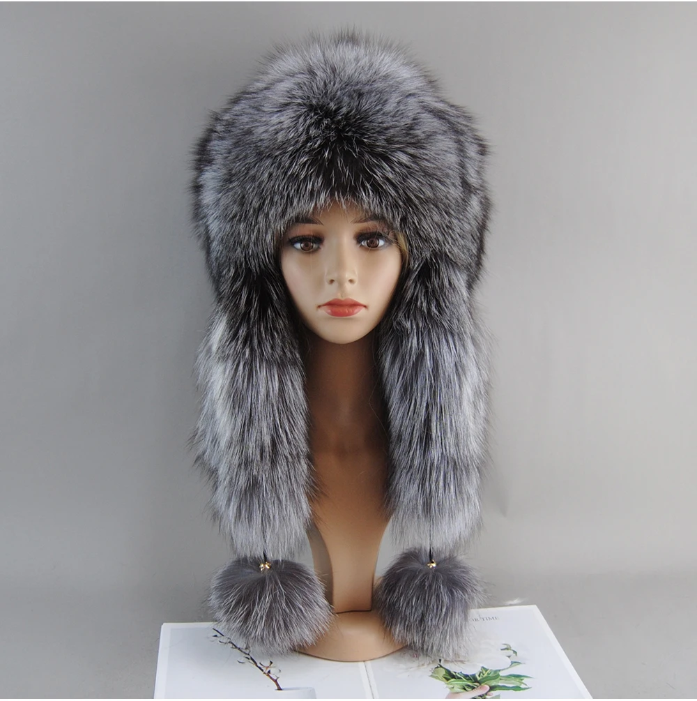 Women Real Fur fox Bomber Hats Lady Winter Warm Luxury 100% Natural Fox Fur Hat Fashion Fluffy Fox Fur Rex Caps