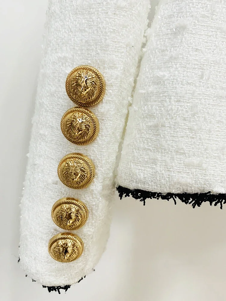 HIGH STREET Newest Fashion 2023 Designer Jacket Women's Slim Fitting Lion Buttons Contrast Color Fringed Tweed Blazer
