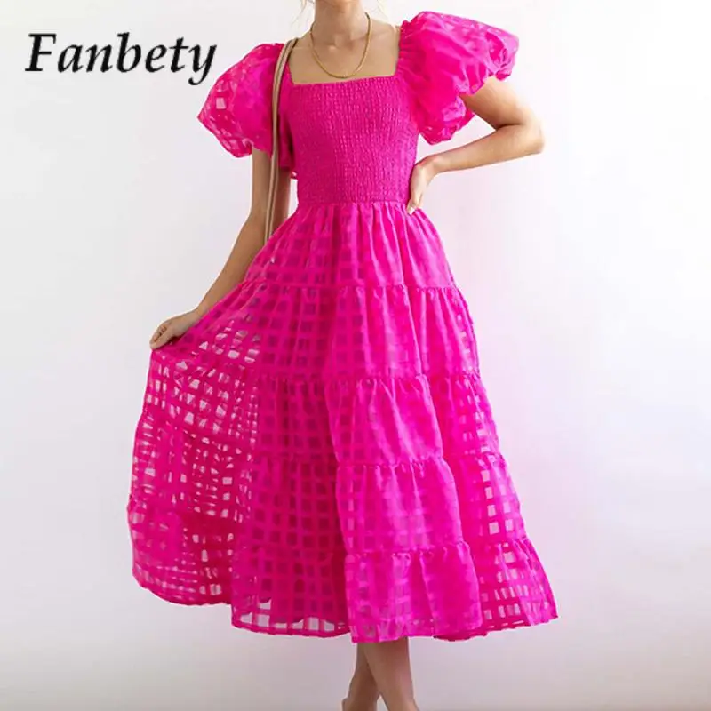 

Women Elegant Solid Square Collar Party Dress Summer Fashion Puff Short Sleeve One Shoulder Long Dress Ladies Casual Loose Dress