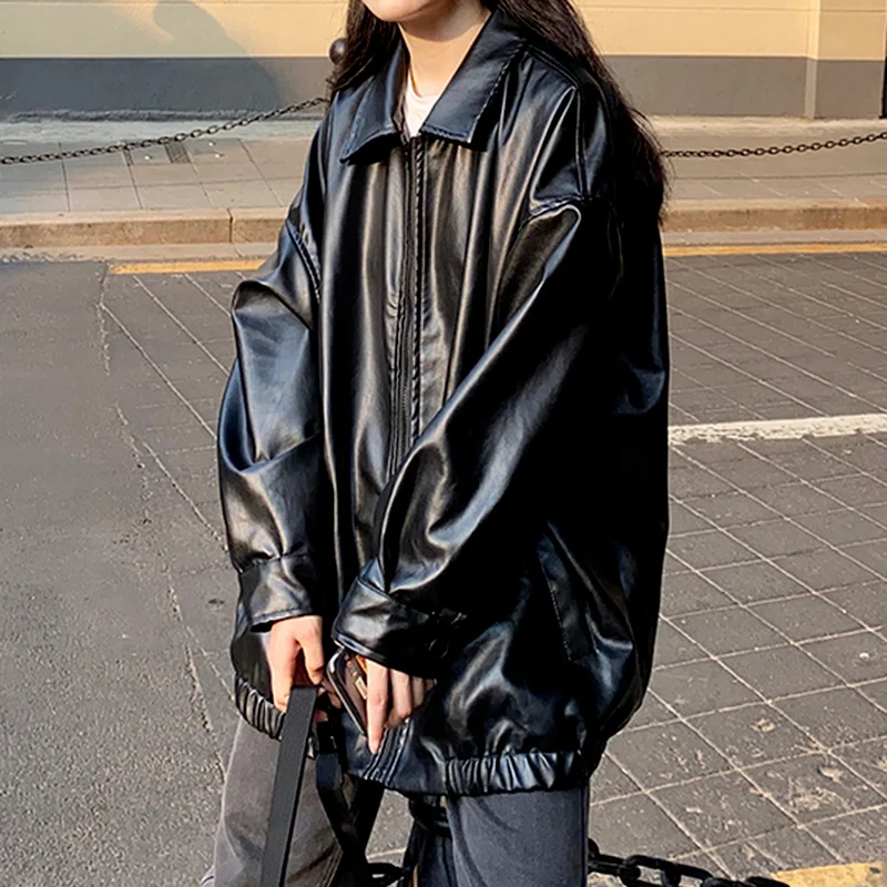 

Women's Black Leather Jacket,biker Zippered Winter Long Jacket,street Fashion,harajuku Y2k,loose Coat for Women 2021