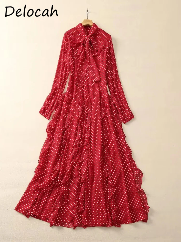 Женское платье-трапеция Delocah красное платье в горошек с длинным рукавом оборками