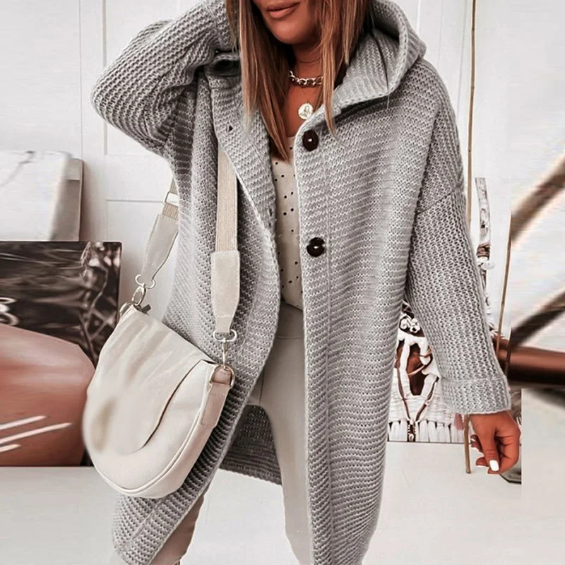 

Fashion Casual Single Breasted Midi Sweater Coats Autumn Winter Solid Hooded Cardigan Elegant Long Sleeve Straight Knit Outwear