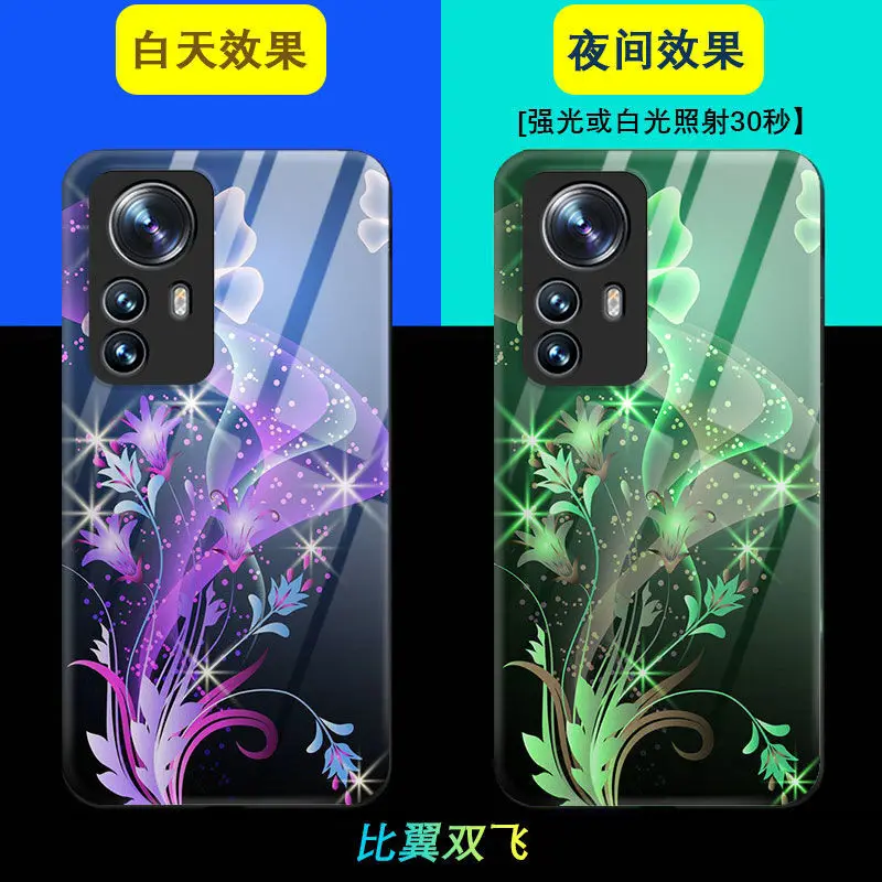 

Case For Xiaomi Mi 12 Pro Case Luminous Tempered Glass Dark Back Cover For Xiaomi Mi 12X Case Cover Cat Flowers