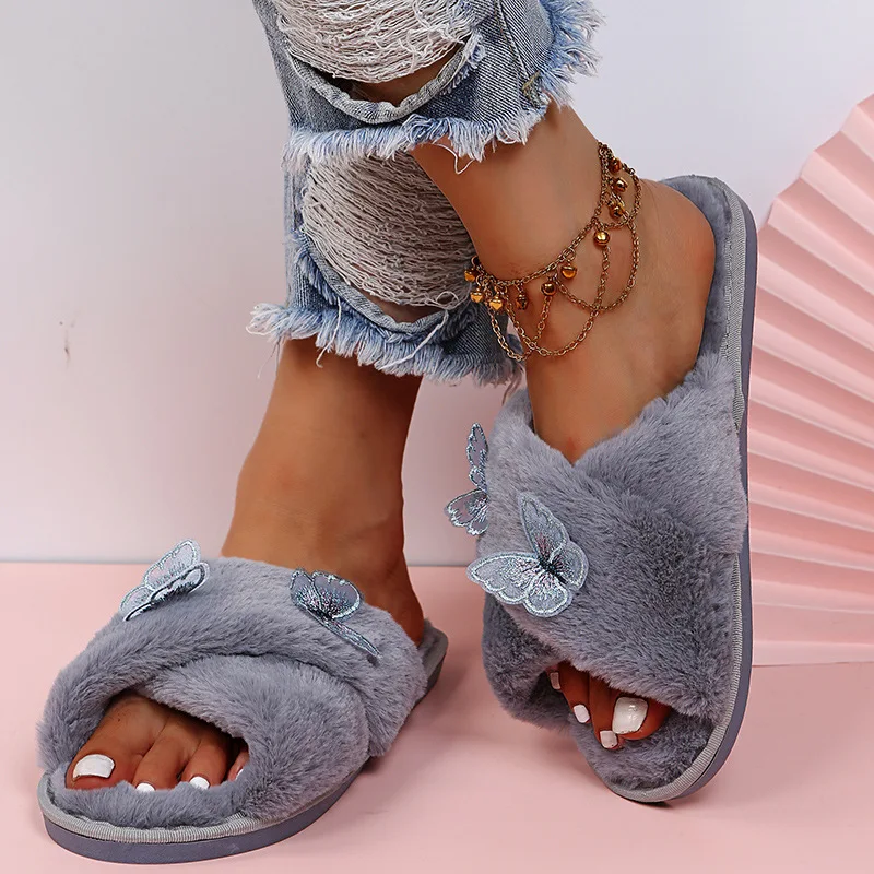 Women's Winter Shoes Faux Fur Girls Flat with Cute Fluffy Butterfly Slippers for Home