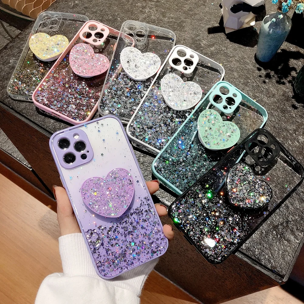 

Love Heart Holder Glitter Case for Samsung A03 A01 Core A03S A13 A12 A10 S20 S21 FE S22 Ultra A10S A11 A02S Case Silicone Cover