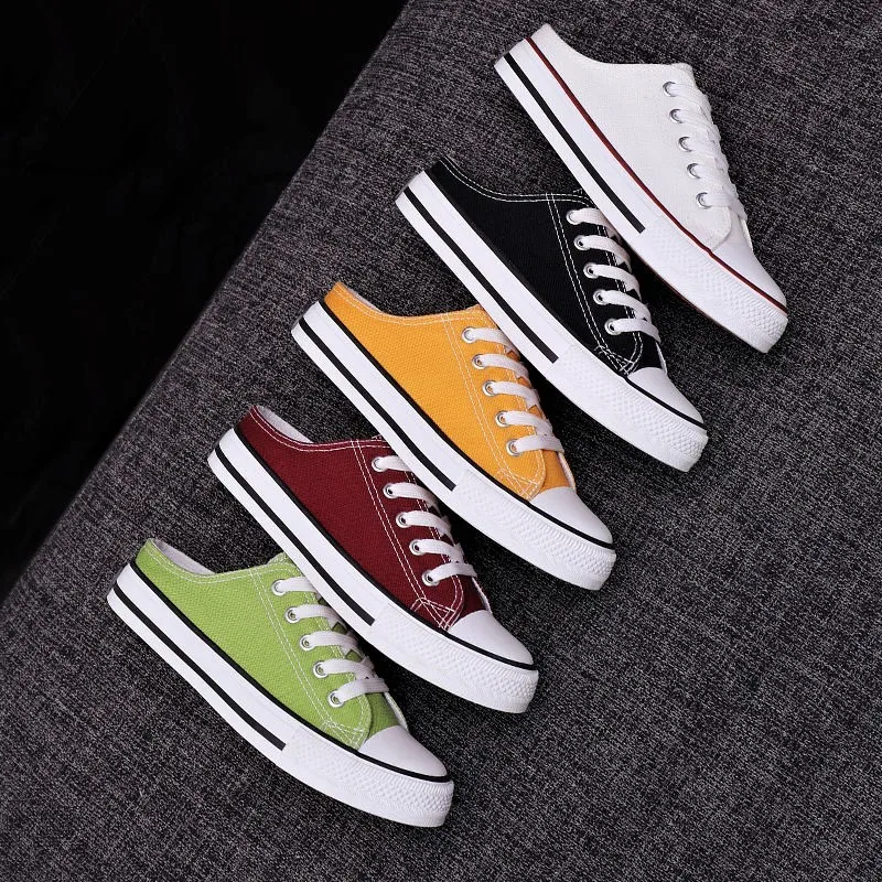 2023 Fashion Spring Summer For Women Canvas Versatile Shoes Flat Sneakers Ladies Casual Low Mules Lace Up Slip On White Laofers