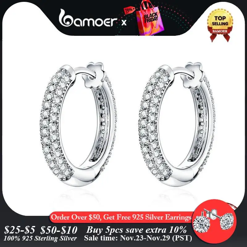 

Bamoer 925 Sterling Silver Ear Hoops Luxury Ear Buckles Pave Setting Zircon for Women Wedding Engagement Jewelry Gifts BSE300