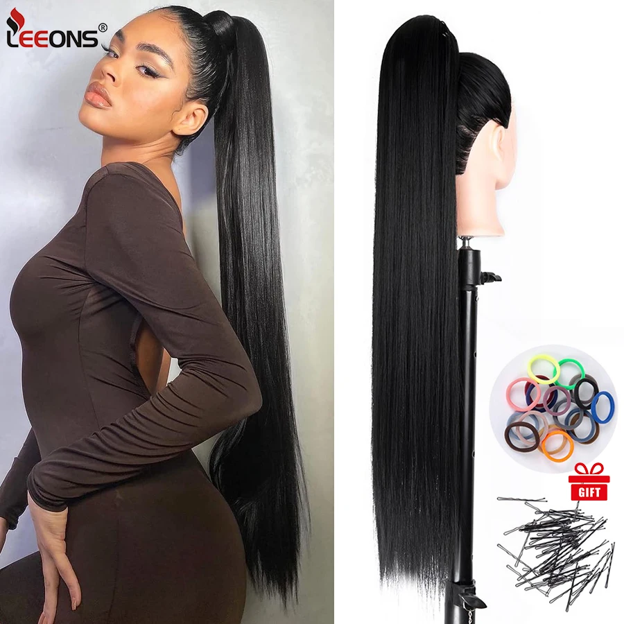 

Leeons 33" 85Cm Ponytail Extension Long Straight Wrap Around Clip in Synthetic Fiber Hair for Women Heat Resistant Hairpiece