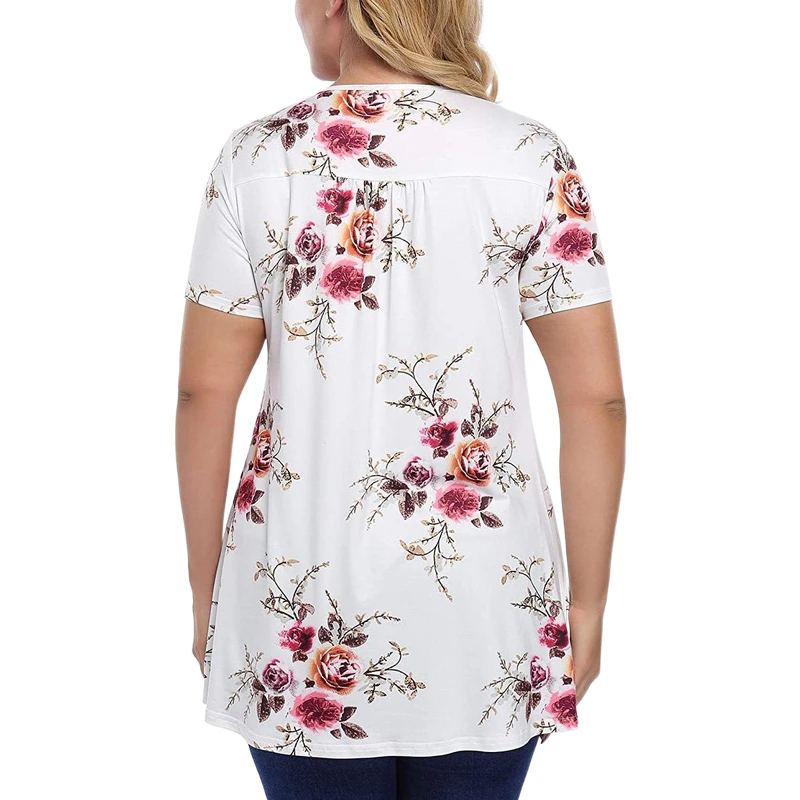 Plus Size Fashion Pleated Floral Tunic TShirt Casual Summer Ladies V-Neck Tunic Tops Women Short Sleeve Ruched Casual Pullover