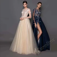 caroline scoop tulle evening dress long sleeves appliques a line floor length femininos formal prom gowns party custom made