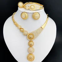 dubai gold color jewelry set hollow round ball large pendant necklace earring ring bracelet set womens wedding party gift