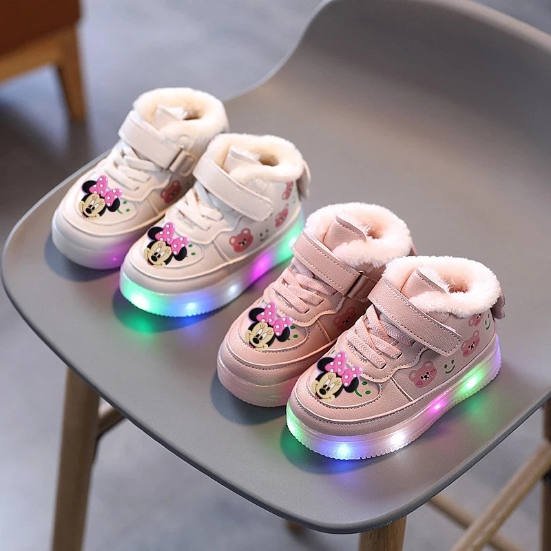 

Disney children's cartoon Minnie soft-soled casual shoes girls light up sneakers baby plus velvet warm short boots cotton shoes