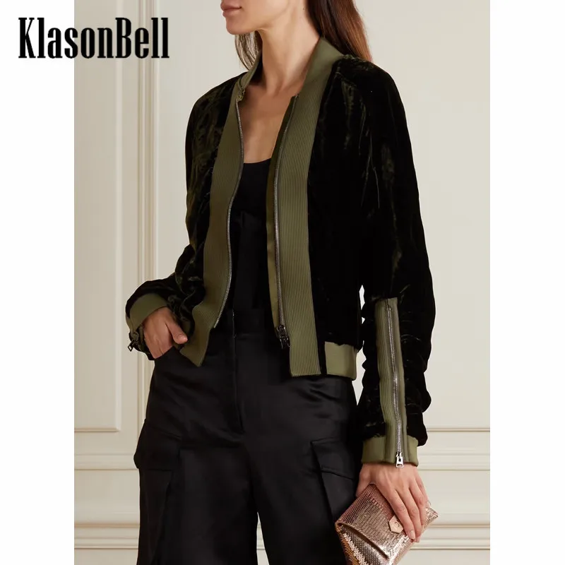 

10.20 KlasonBell Fashion Casual Velvet Patchwork Knit Sleeve Cuff Zipper V-Neck Mid Jacket Women