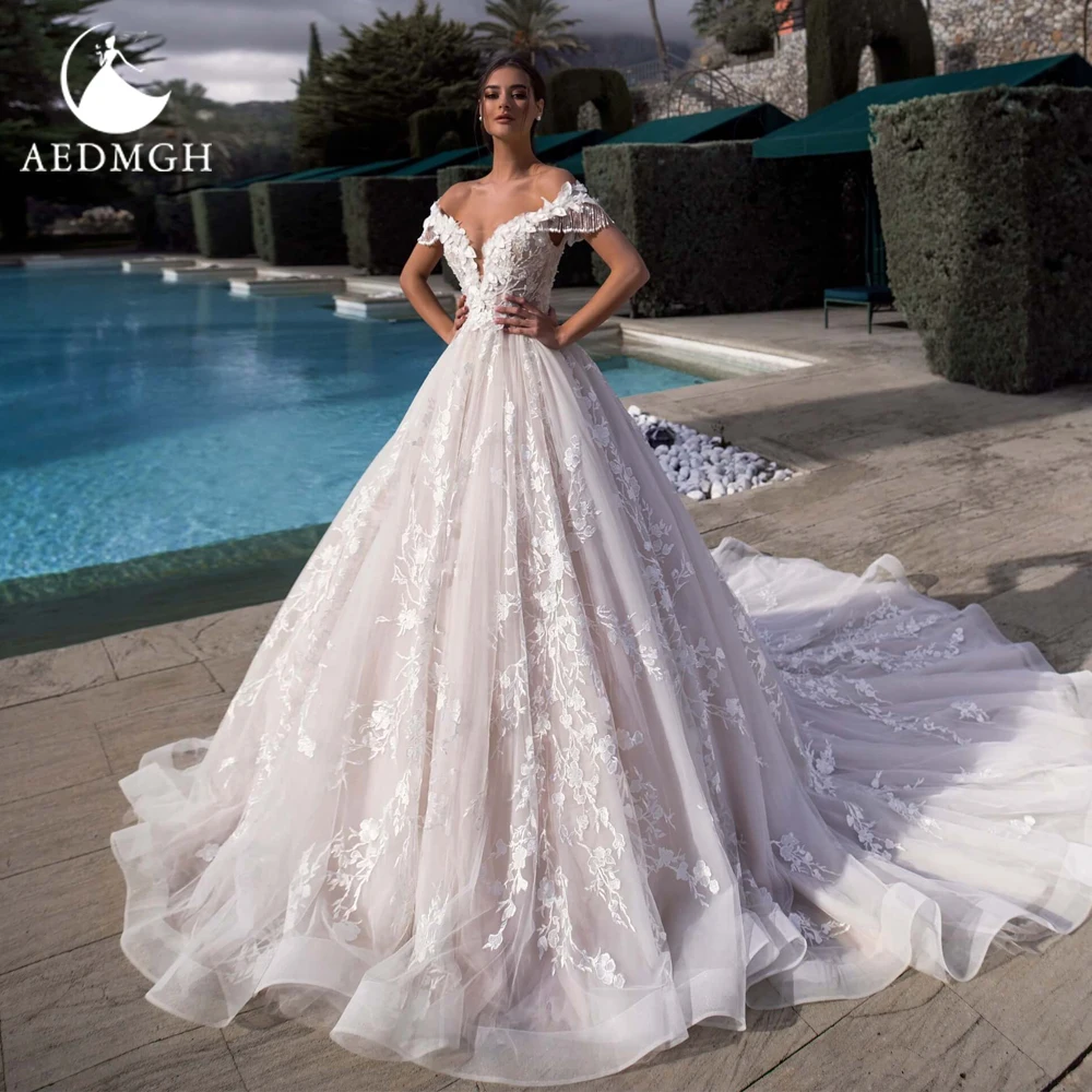 

Женское свадебное платье с кисточками Aedmgh, Пляжное ТРАПЕЦИЕВИДНОЕ ПЛАТЬЕ С V-образным вырезом и открытыми плечами, свадебное платье с 3D цветочной аппликацией, 2023