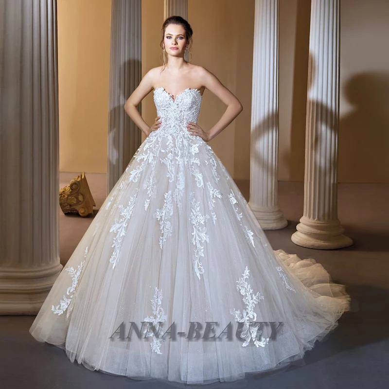 

Anna Sweetheart Appliques Glitter Tulle Wedding Dresses A Line Sleeveless Sweep Train Vestidos De Novia Brautmode Made To Order